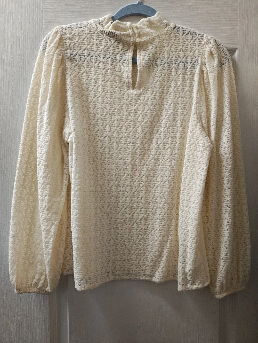 LOFT Cream Lace Ruffle-Neck Long Sleeve Blouse